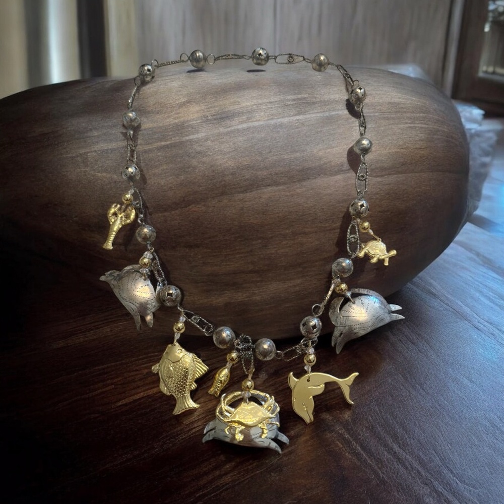 Vintage Silver & Gold Plated Ocean Nautical Crab Dolphin Lobster Charm Necklace - Picture 1 of 4